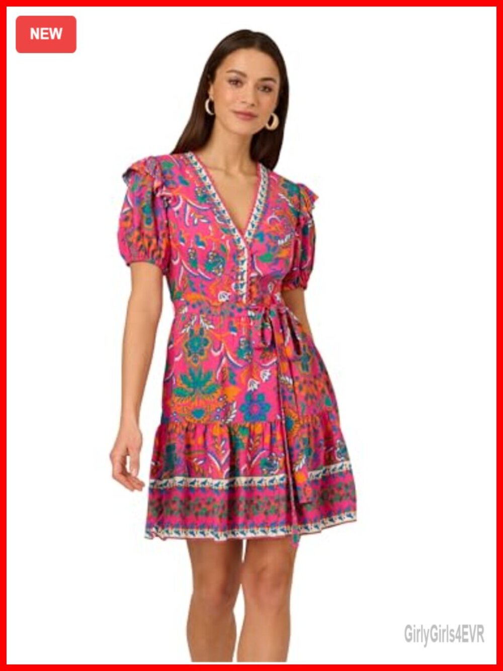 Adrianna Papell Printed Short Flounce Dress V-Neck A-Line Zip Cocktail